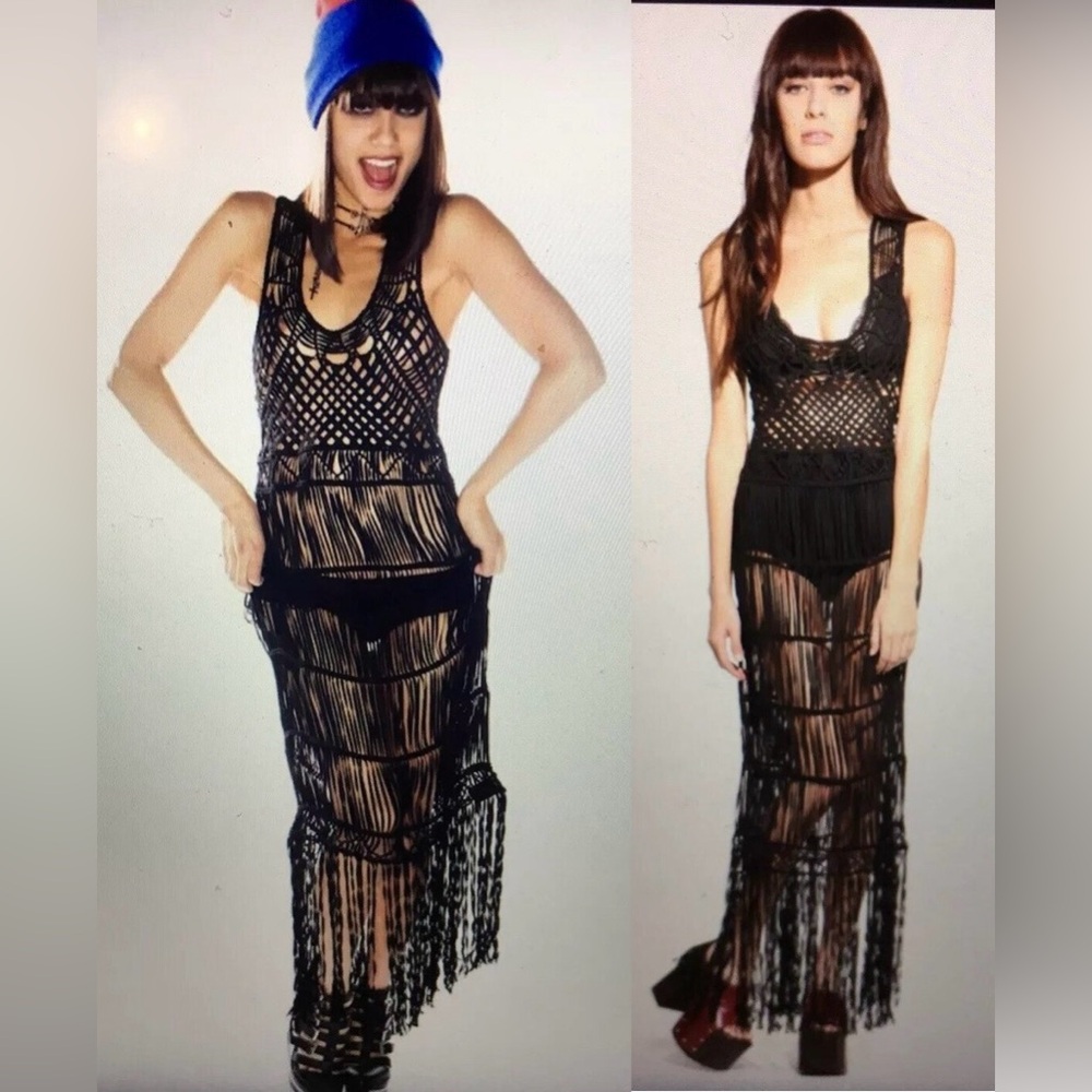 UNIF Birkin Crochet Maxi Dress Black Fringe S Coachella Goth Grunge Macrame Boho